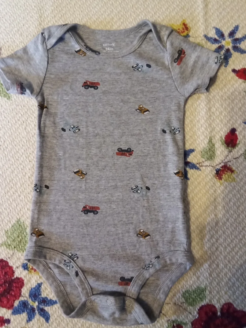 Carter's Gray Short-Sleeve One-Piece with Red and Brown Truck Prints